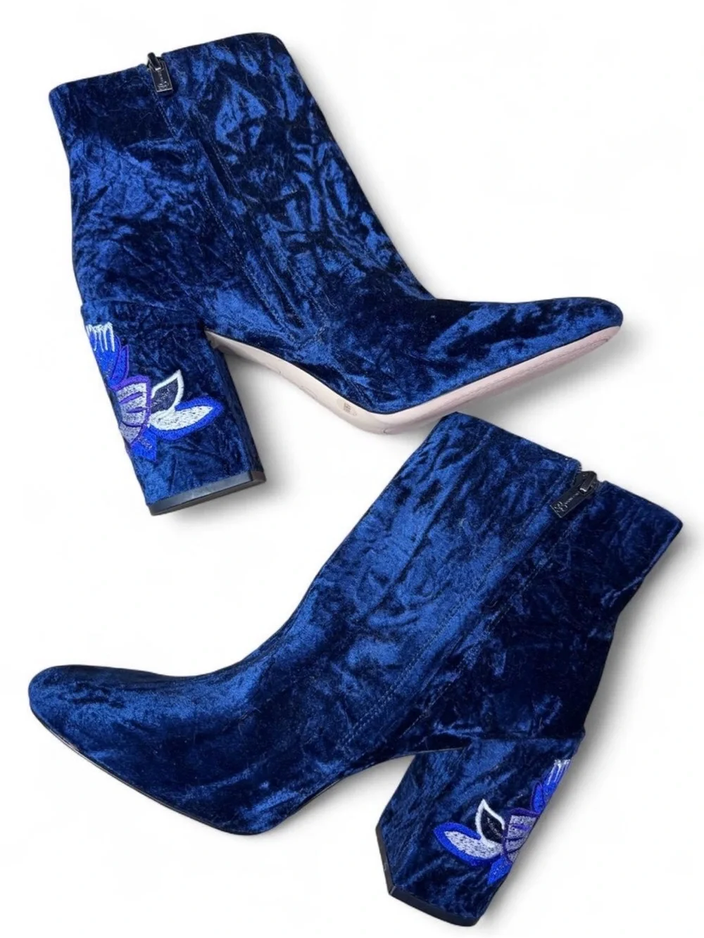 Jessica Simpson Royal Blue Velvet Embroidered Block Heel Ankle Boots